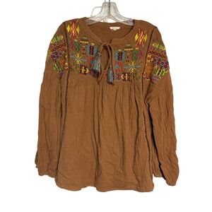 Jodifl‎ Embroidered Peasant Blouse Top Long Sleeve Boho Festival Brown M
